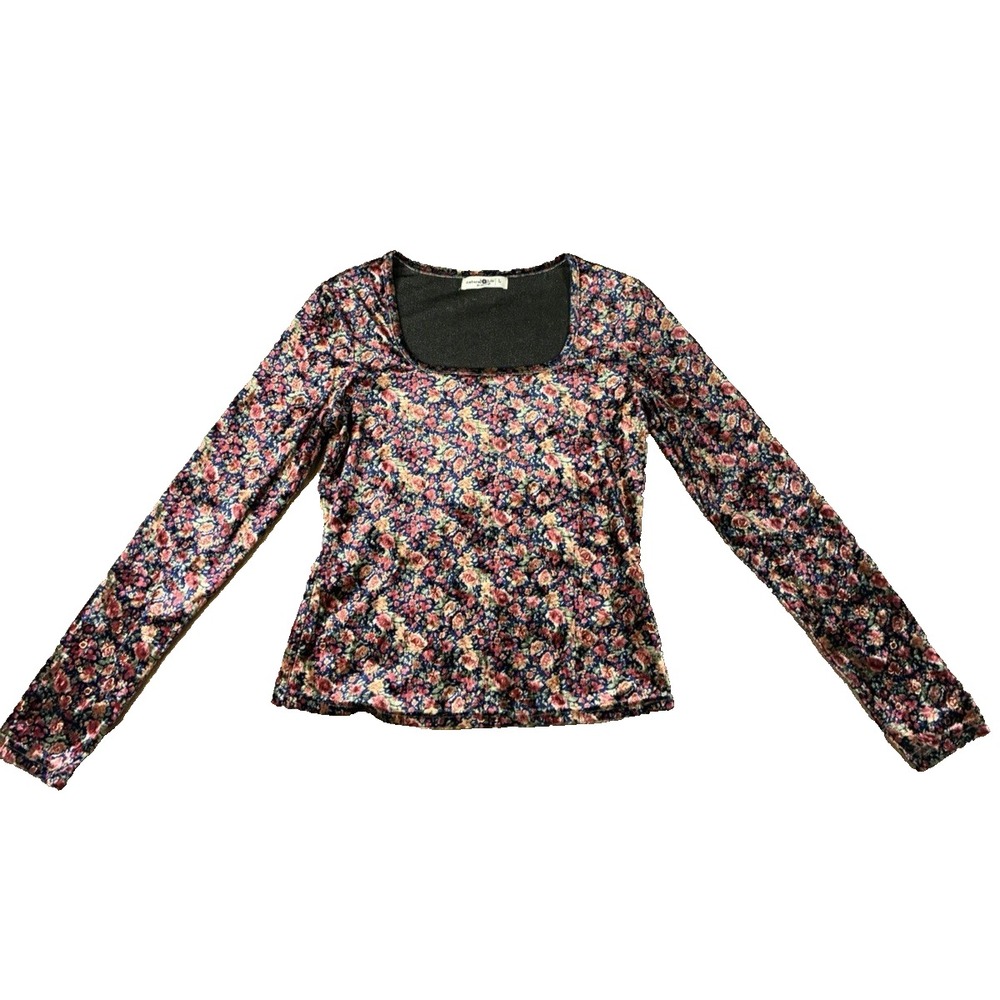 Natural Life Womens Floral Velvet Top Navy Pink Large Boho Fairycore Whimsigoth